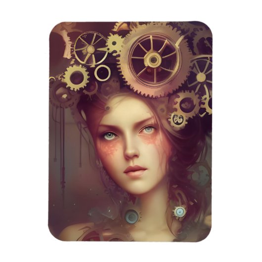 Een fantasievrouw met steampunk tandwielen op haar magneet (Verticaal)