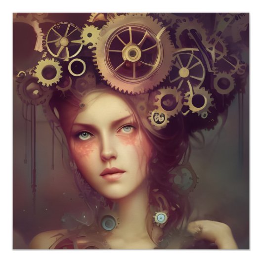 Een fantasievrouw met steampunk tandwielen op haar perfect poster (Voorkant)