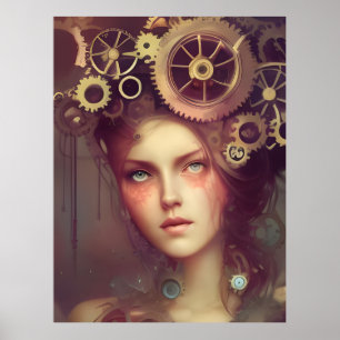 Een fantasievrouw met steampunk tandwielen op haar poster