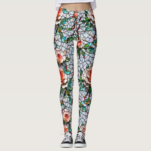 Een faux mozaïek bloemenpatroon leggings (Voorkant)