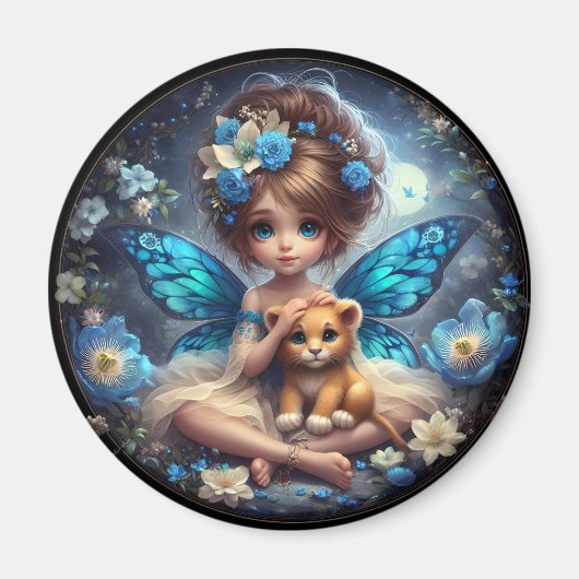 Een fee en haar Leeuw Cub - Blauwe Magneet (Voorkant)