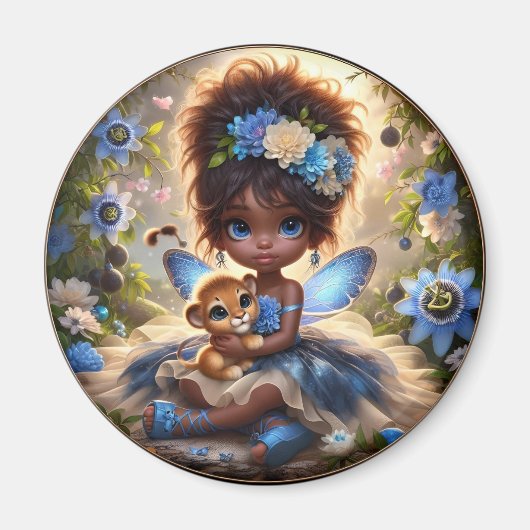 Een fee en haar Leeuw Cub Blue Magneet (Voorkant)