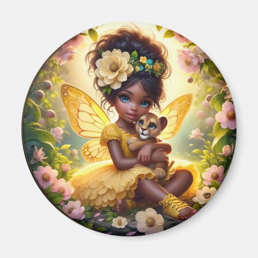 Een fee en haar Leeuw Cub - Geel - Magneet (Voorkant)