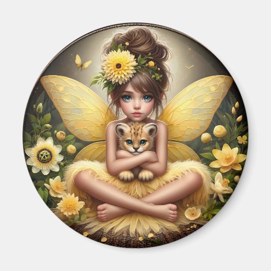 Een fee en haar luipaard welp - gele magneet (Voorkant)