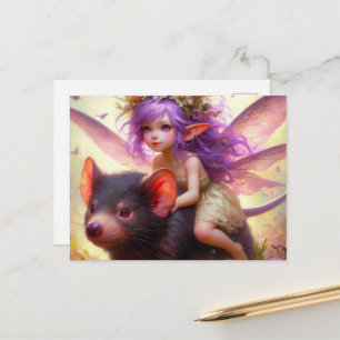 Een fee rijdt op een Tasmaanse Duivel fantasy kuns Briefkaart