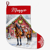 Een feestelijk bruin paard en winterschuur Kerstmi Grote Kerstsok (Voorkant)
