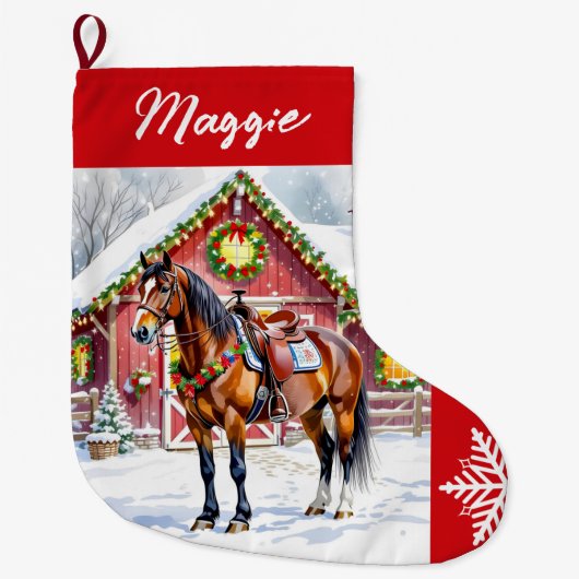 Een feestelijk bruin paard en winterschuur Kerstmi Grote Kerstsok (Voorkant)