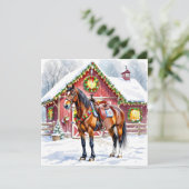 Een feestelijk bruin paard en winterschuur Kerstmi Kaart (Staand voorkant)