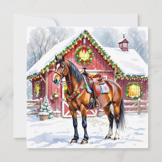 Een feestelijk bruin paard en winterschuur Kerstmi Kaart (Voorkant)
