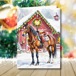 Een feestelijk bruin paard en winterschuur Kerstmi Kaart