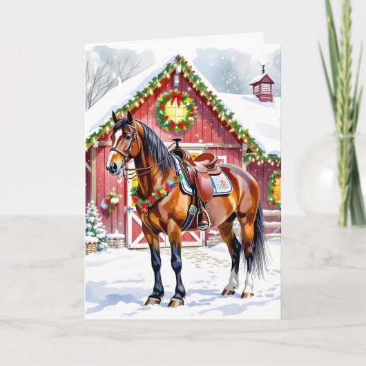 Een feestelijk bruin paard en winterschuur Kerstmi Kaart (Voorkant)
