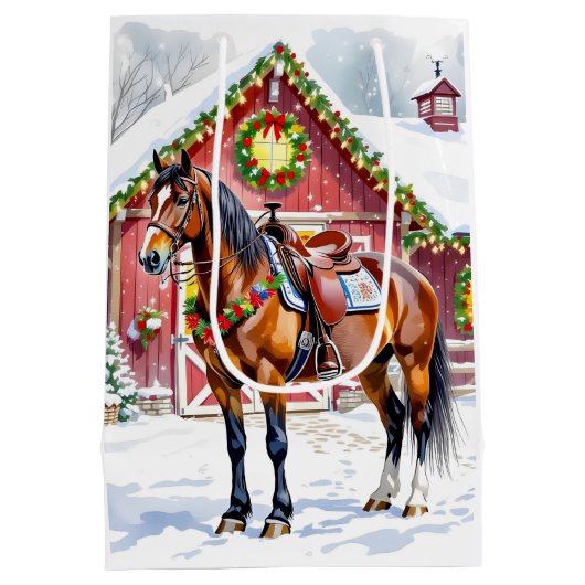 Een feestelijk bruin paard en winterschuur Kerstmi Medium Cadeauzakje (Achterkant)