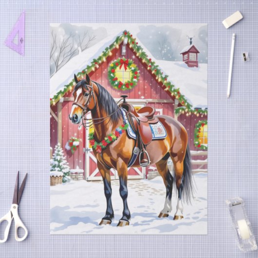 Een feestelijk bruin paard en winterschuur Kerstmi Tissuepapier (Craft)