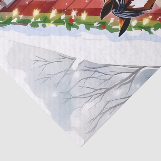 Een feestelijk bruin paard en winterschuur Kerstmi Tissuepapier (Detail)