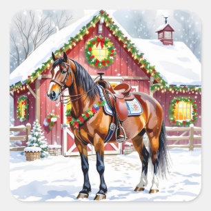 Een feestelijk bruin paard en winterschuur Kerstmi Vierkante Sticker