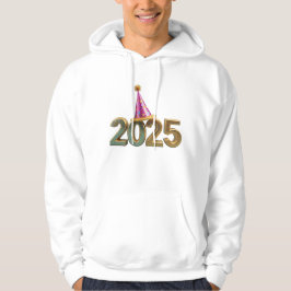 Een feestelijk pet bovenop 2025 hoodie