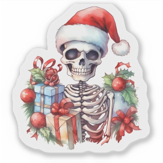 Een feestelijk skelet in een kerstmuts met geschen sticker (Voorkant)