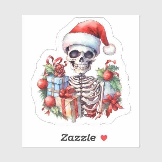 Een feestelijk skelet in een kerstmuts met geschen sticker (Vel)
