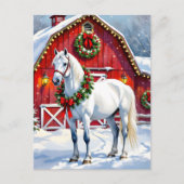 Een feestelijk wit paard en winterschuur Kerstmis Briefkaart (Voorkant)