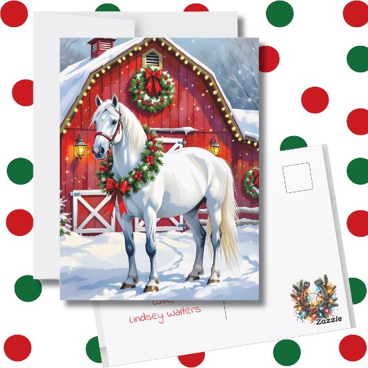 Een feestelijk wit paard en winterschuur Kerstmis Briefkaart