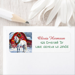 Een feestelijk wit paard en winterschuur Kerstmis Etiket