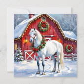 Een feestelijk wit paard en winterschuur Kerstmis Feestdagenkaart (Voorkant)