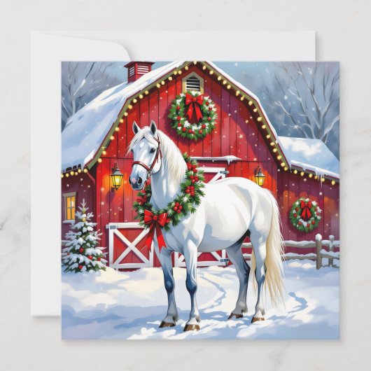 Een feestelijk wit paard en winterschuur Kerstmis Feestdagenkaart (Voorkant)