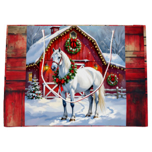 Een feestelijk wit paard en winterschuur Kerstmis Groot Cadeauzakje