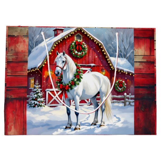 Een feestelijk wit paard en winterschuur Kerstmis Groot Cadeauzakje (Achterkant)