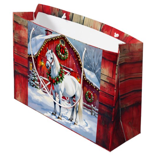Een feestelijk wit paard en winterschuur Kerstmis Groot Cadeauzakje (Achterkant Gekanteld)