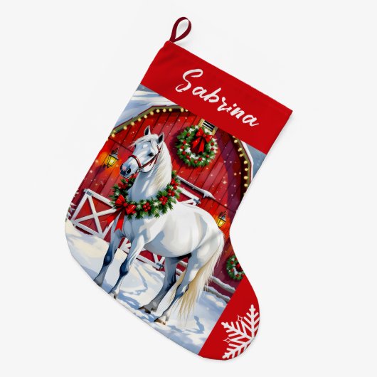 Een feestelijk wit paard en winterschuur Kerstmis Grote Kerstsok (Voorkant (Hangend))