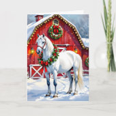 Een feestelijk wit paard en winterschuur Kerstmis Kaart (Voorkant)
