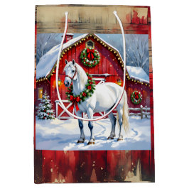 Een feestelijk wit paard en winterschuur Kerstmis Medium Cadeauzakje
