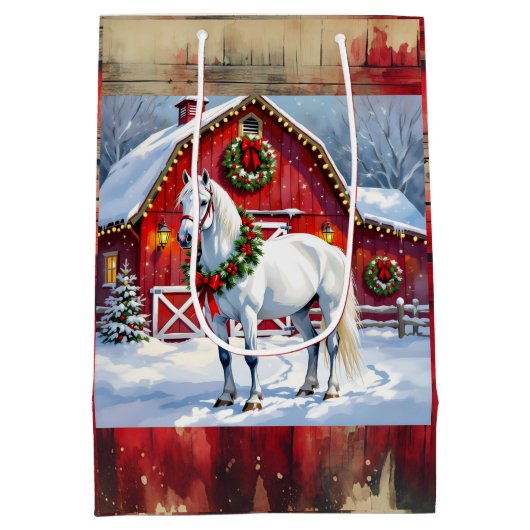 Een feestelijk wit paard en winterschuur Kerstmis Medium Cadeauzakje (Achterkant)