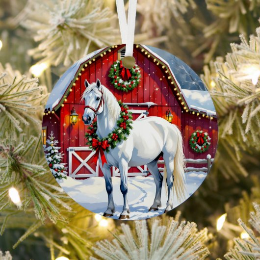 Een feestelijk wit paard en winterschuur Kerstmis Metalen Ornament (Insitu)