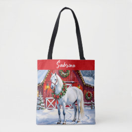 Een feestelijk wit paard en winterschuur Kerstmis Tote Bag