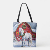 Een feestelijk wit paard en winterschuur Kerstmis Tote Bag (Achterkant)