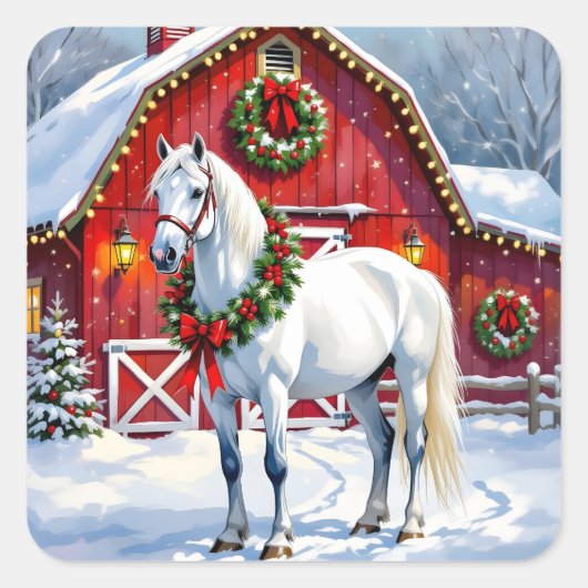 Een feestelijk wit paard en winterschuur Kerstmis Vierkante Sticker (Voorkant)
