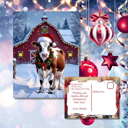 Een feestelijke Koe in Santa Hat Country Christmas Briefkaart
