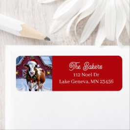 Een feestelijke Koe in Santa Hat Country Christmas Etiket