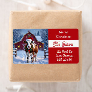 Een feestelijke Koe in Santa Hat Country Christmas Etiket