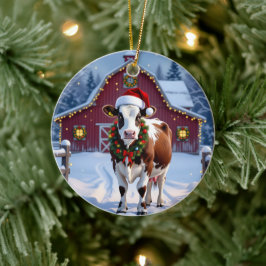 Een feestelijke Koe in Santa Hat Country Christmas Keramisch Ornament