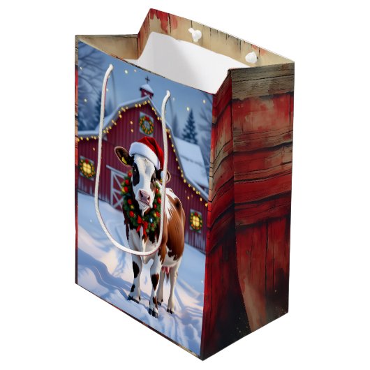 Een feestelijke Koe in Santa Hat Country Christmas Medium Cadeauzakje (Voorkant Gekanteld)