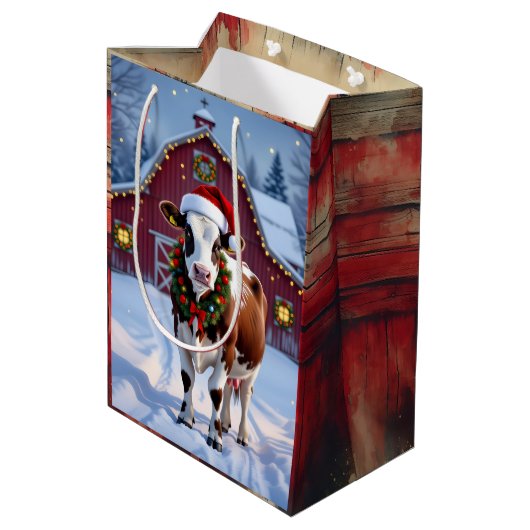 Een feestelijke Koe in Santa Hat Country Christmas Medium Cadeauzakje (Achterkant Gekanteld)