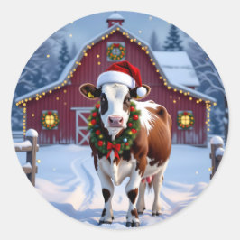 Een feestelijke Koe in Santa Hat Country Christmas Ronde Sticker
