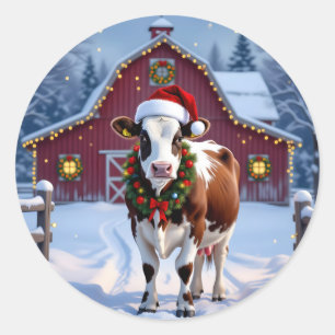 Een feestelijke Koe in Santa Hat Country Christmas Ronde Sticker