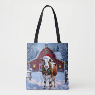Een feestelijke Koe in Santa Hat Country Christmas Tote Bag
