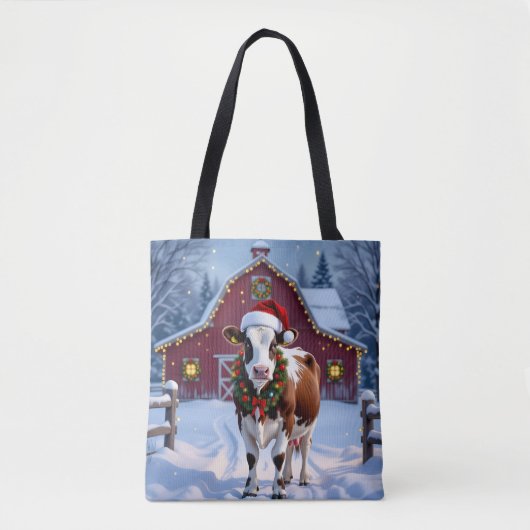 Een feestelijke Koe in Santa Hat Country Christmas Tote Bag (Voorkant)