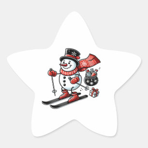 Een feestelijke sneeuwman skiën de sneeuwman houde ster sticker
