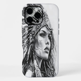 Een fel indiaans krijgsmeisje versierd met veren iPhone 16 pro max hoesje
